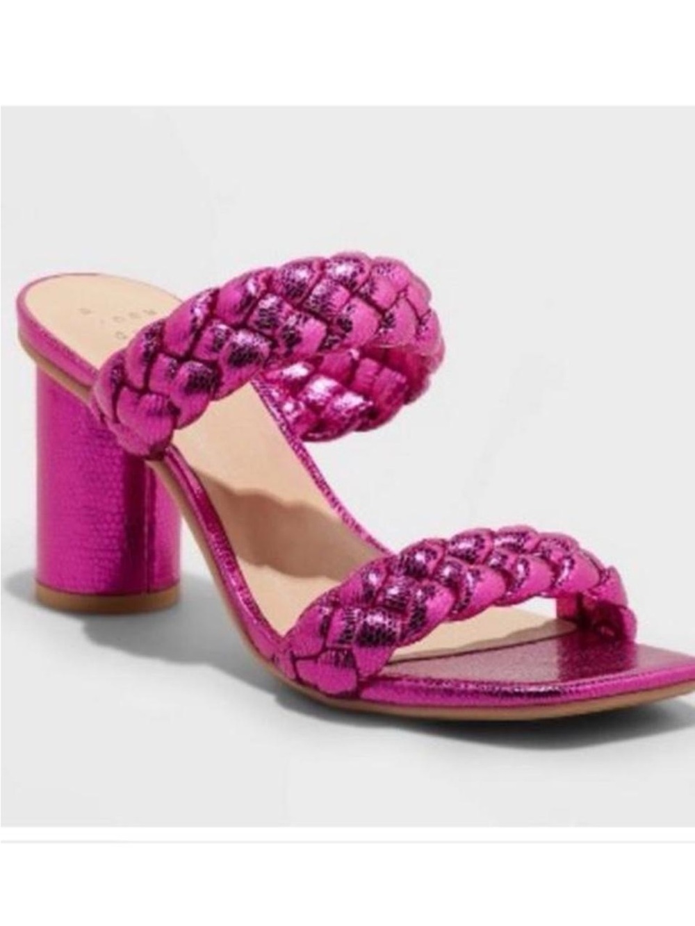 Metallic Braided Block Heel Sandal - Hot Pink